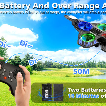 Remote Control Fighter Jet Drone Toy with LED Lights – 4-Rotor RC Flying Aircraft Plane, Easy Control Quadcopter Style Toy for Kids, Indoor & Outdoor Flying Play