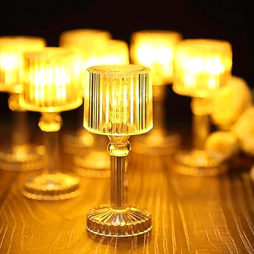 Table Lamp 4 Pc – Portable Plastic Crystal White Glass Night Lamps, Small Acrylic Desk Lights, Golden Bulb, Showpiece for Reading, Bedroom, Living Room and Diwali Gifts (Battery Powered)