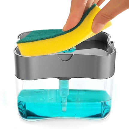 2-in-1 Kitchen Soap Dispenser with Sponge Holder, Countertop Dish Soap Pump Organizer, Black and Clear