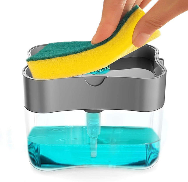 2-in-1 Kitchen Soap Dispenser with Sponge Holder, Countertop Dish Soap Pump Organizer, Black and Clear