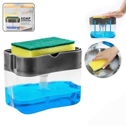 2-in-1 Kitchen Soap Dispenser with Sponge Holder, Countertop Dish Soap Pump Organizer, Black and Clear