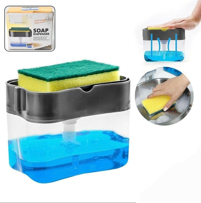 2-in-1 Kitchen Soap Dispenser with Sponge Holder, Countertop Dish Soap Pump Organizer, Black and Clear