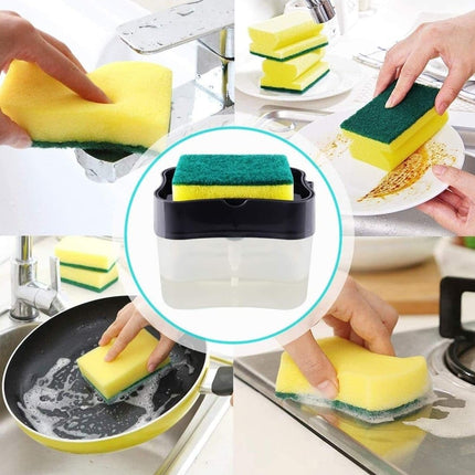 2-in-1 Kitchen Soap Dispenser with Sponge Holder, Countertop Dish Soap Pump Organizer, Black and Clear