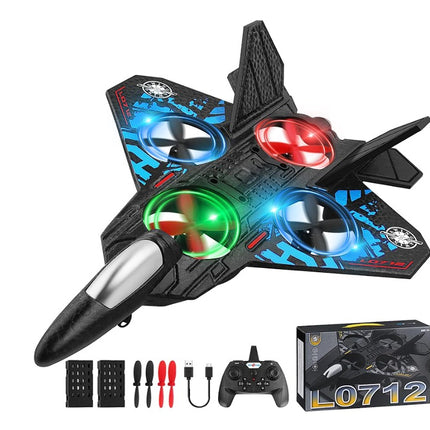 Remote Control Fighter Jet Drone Toy with LED Lights – 4-Rotor RC Flying Aircraft Plane, Easy Control Quadcopter Style Toy for Kids, Indoor & Outdoor Flying Play