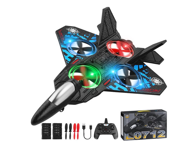 Remote Control Fighter Jet Drone Toy with LED Lights – 4-Rotor RC Flying Aircraft Plane, Easy Control Quadcopter Style Toy for Kids, Indoor & Outdoor Flying Play